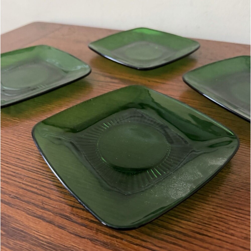 Set of 4 Anchor Hocking Charm Forest Green Glass Saucers Fire King